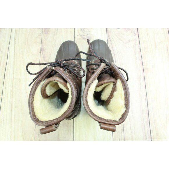 LL Bean Brown Leather Lace Up Insulated Shearling Lined Mid Calf Duck Boots 8 M - Picture 7 of 10